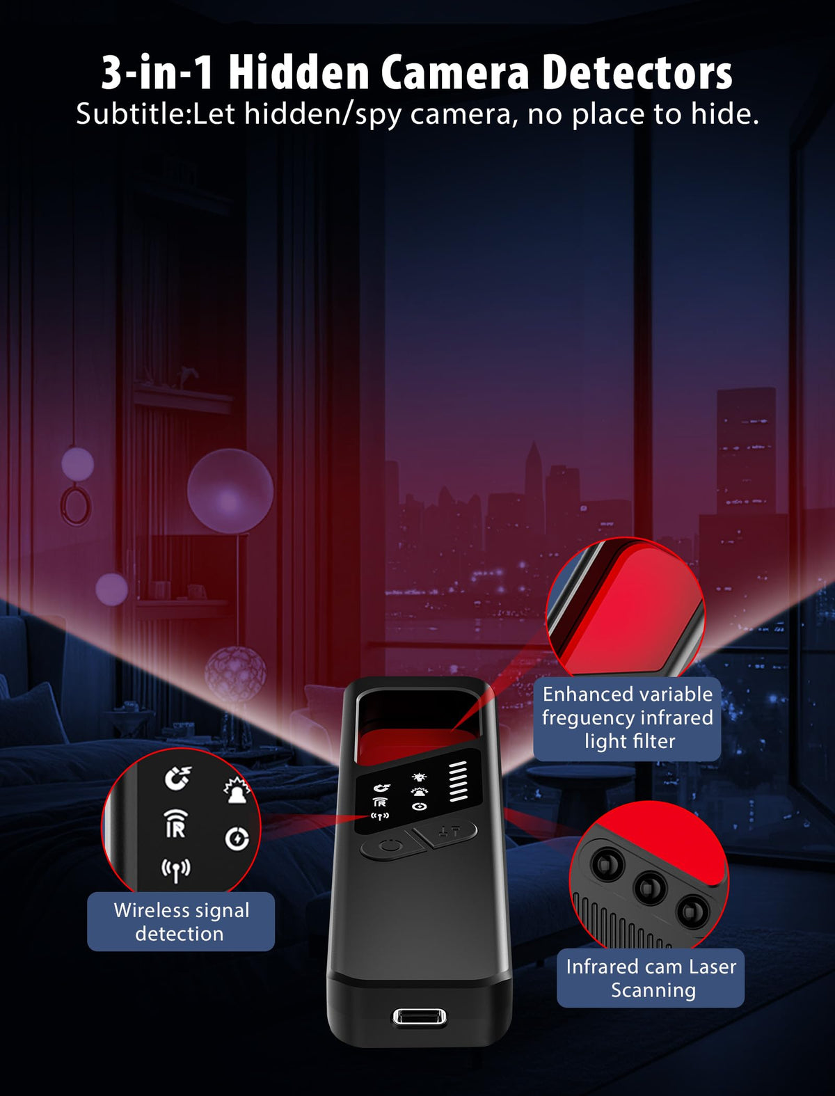 7-in-1 Hidden Camera Detectors,Bug Detector, Hero Privacy Pen, rf Detector,GPS Tracker Detector,Anti spy Detector,Listening Device Detector in Travel,Car,Office,Hotel to Protect Privacy（ Black）