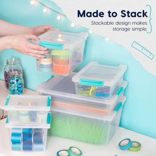 IRIS USA Storage Bins with Lids |Made in USA| 6 Qt - (4-Pack) - Clear | 14"L x 11"W x 3.25"H - Sensory Craft Organizers, Plastic Clip Box Totes, Containers for Paper, Office, Art & Study Supplies