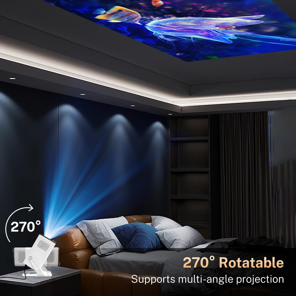 Built-in Apps 1080P 4K Support Mini Projector with Android 14, Phone Remote | Portable Smart Projector with WiFi 6 and Bluetooth 5.4 for Bedroom Auto Keystone Compatible with Netflix/iOS/HDMI/TV Stick X1