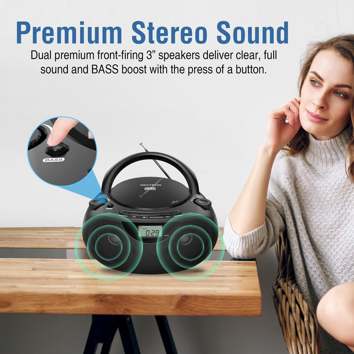 Nextron Portable CD Player Boombox with Bluetooth, AM/FM Radio & USB | CD-R/RW, MP3-CD & USB Playback, Stereo Sound, Bass Boost, AUX Input, Headphone Jack, LCD Display, AC/Battery Powered - Black