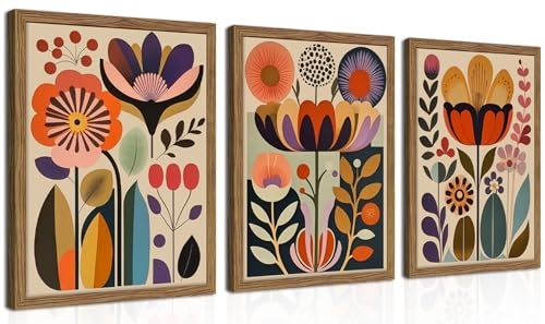 Framed Colorful Floral Wall Art Set of 3, Abstract Scandinavian Flower Canvas Wall Decor Paintings, Mid Century Modern Botanical Artwork Pictures Prints for Living Room Bedroom Dining Room 12x16 Inch