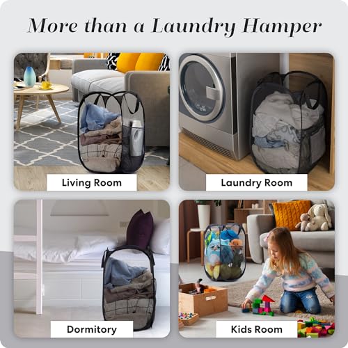 Handy Laundry Mesh Pop-Up Hamper Collapsible with Side Pocket 2-Pack | Breathable foldable design saves space; wide opening makes loading easy. Sturdy build stores clothes neatly. Black.