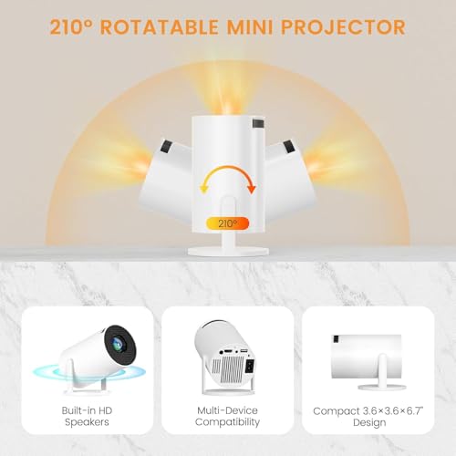 Mini Projector with Wifi and Bluetooth, Built-in App Portable Projector | Portable Projector 4K Support,Smart Video Projector with 210° Rotation,Compatible with iPhone/Android/Laptop/TV Stick