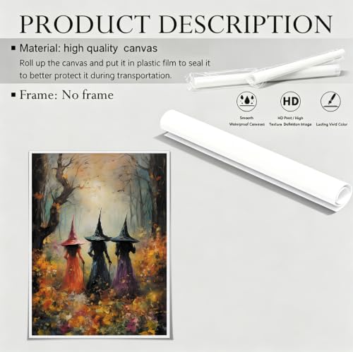 ILLBDR Halloween Three Witches Canvas Wall Art Poster 12x16 inch | Dark Academia Halloween Decor, Three Witch Silhouette Print, Gothic Artwork Fall Gift for Bedroom or Bathroom