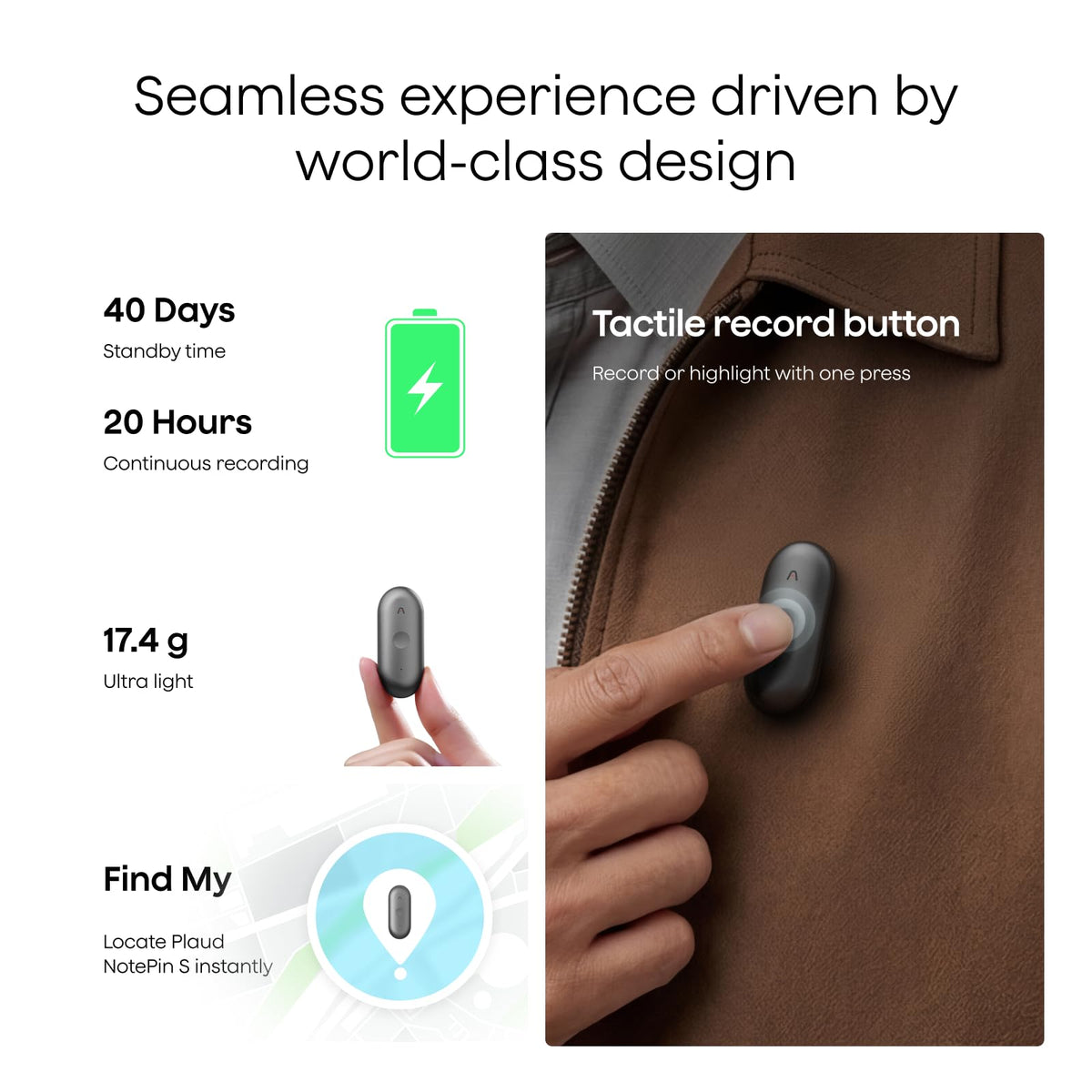 Plaud NotePin S Wearable AI Voice Recorder, Transcribe & Summarize, Black | AI Note Taker for Meetings Interviews, Professionals, Teams, 112 Languages, App Control, Find My, 4 Accessories