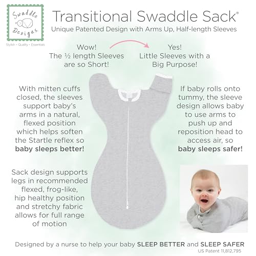 SwaddleDesigns Transitional Swaddle Sack, Cotton, Heathered Jadeite, 0-3mo | Arms Up Half-length Sleeve Partially Suppress Moro reflex, Most Gradual Transition Swaddle for Newborn, Safe for Rolling Baby
