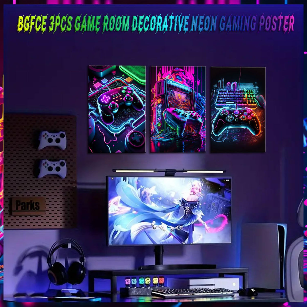 BGFCE Game Room Decor Posters Set of 3 - Neon Gaming Accessories Theme Canvas Wall Art, Gamer Console Paintings Picture Wall Decor for Children Youth Boys Bedroom 12x16 inch Unframed