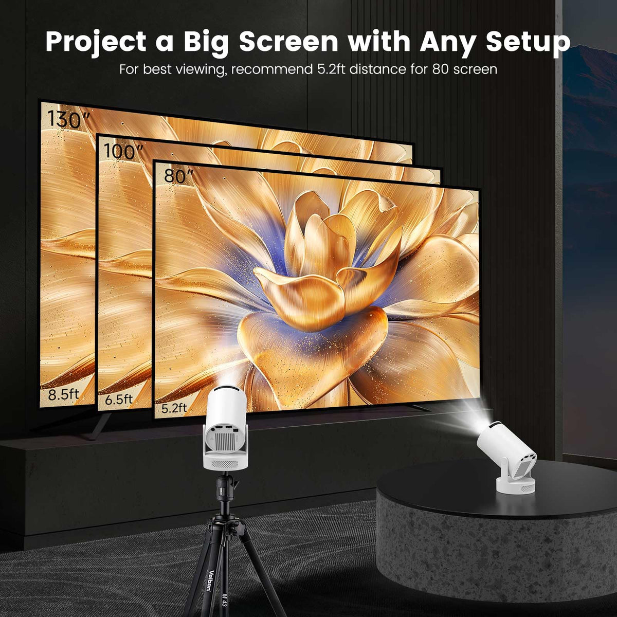 Mini Portable Projector with Bluetooth 5.4 and WiFi 6, 4K Support | HY300 Ultra Projector,220 ANSI,210° Rotation,Auto Keystone Correction,5watt Sound Base Speaker