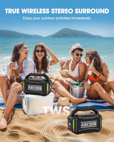 ANCOON Speakers Bluetooth Wireless: 80W(Peak) Loud Speaker with Bass | 20H, Rugged, IPX6 Waterproof, Large Jobsite Speakers for Work, Outdoor, Workshop, Garage - Portable Handle with TWS (Black)