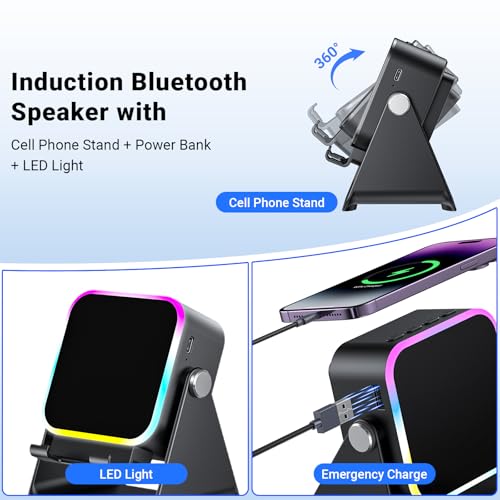 Induction Speaker with Phone Stand 5 in 1 Wireless Bluetooth Audio Black | Phone Speaker Amplifier for iPhone & Android with RGB Light and USB Wired Charging, Birthday Gift for Men Women Teens