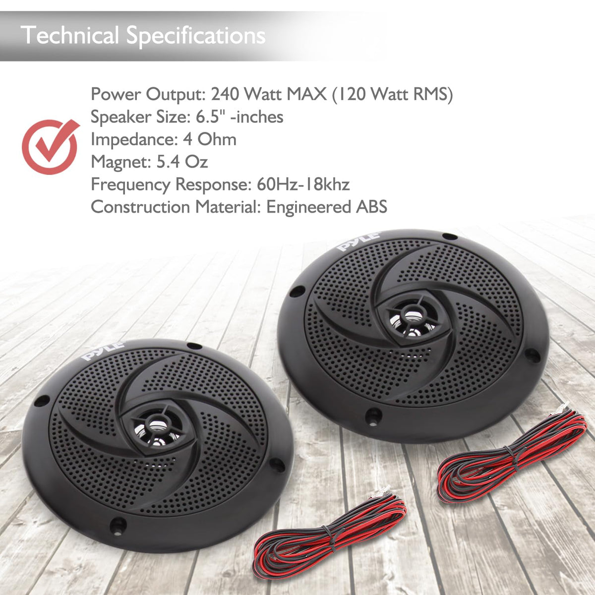 Low-Profile Waterproof Marine Speakers - 240W 6.5 Inch 2 Way 1 Pair Slim Style Waterproof and Weather Resistant Outdoor Audio Stereo Sound System, for Boat, Off-Road Vehicles - Pyle (Black)