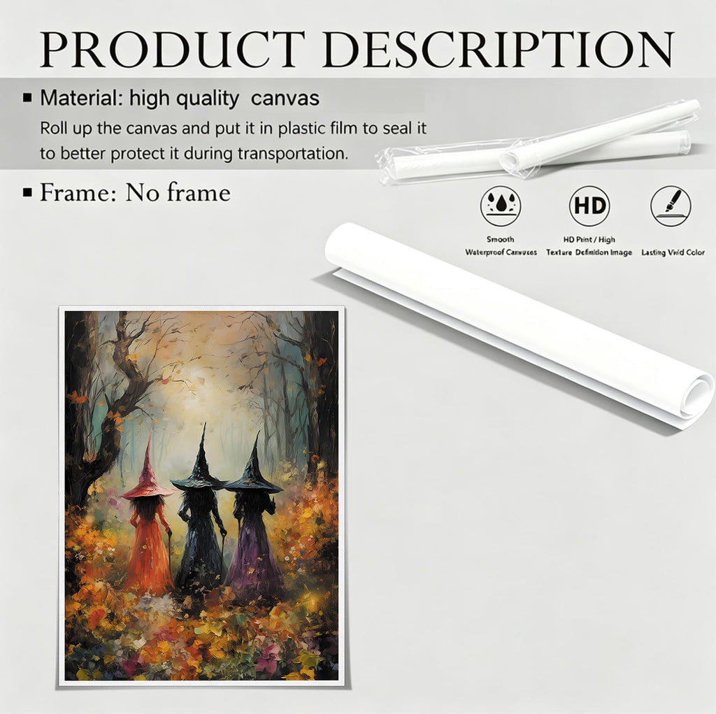 ILLBDR Halloween Three Witches Canvas Wall Art Poster 12x16 inch | Dark Academia Halloween Decor, Three Witch Silhouette Print, Gothic Artwork Fall Gift for Bedroom or Bathroom