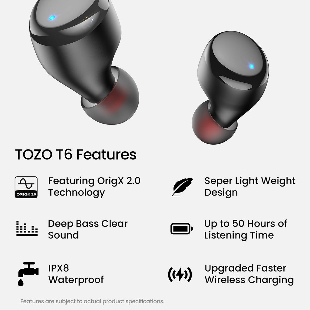 TOZO T6 Wireless Earbuds Bluetooth 5.3 Stereo Sound in Ear Headphones | OrigX Stereo Deep Bass, 40H Playtime, Lighter Ear buds, IPX8 Waterproof, wireless Charging Case, 32 EQs via APP Dark Black