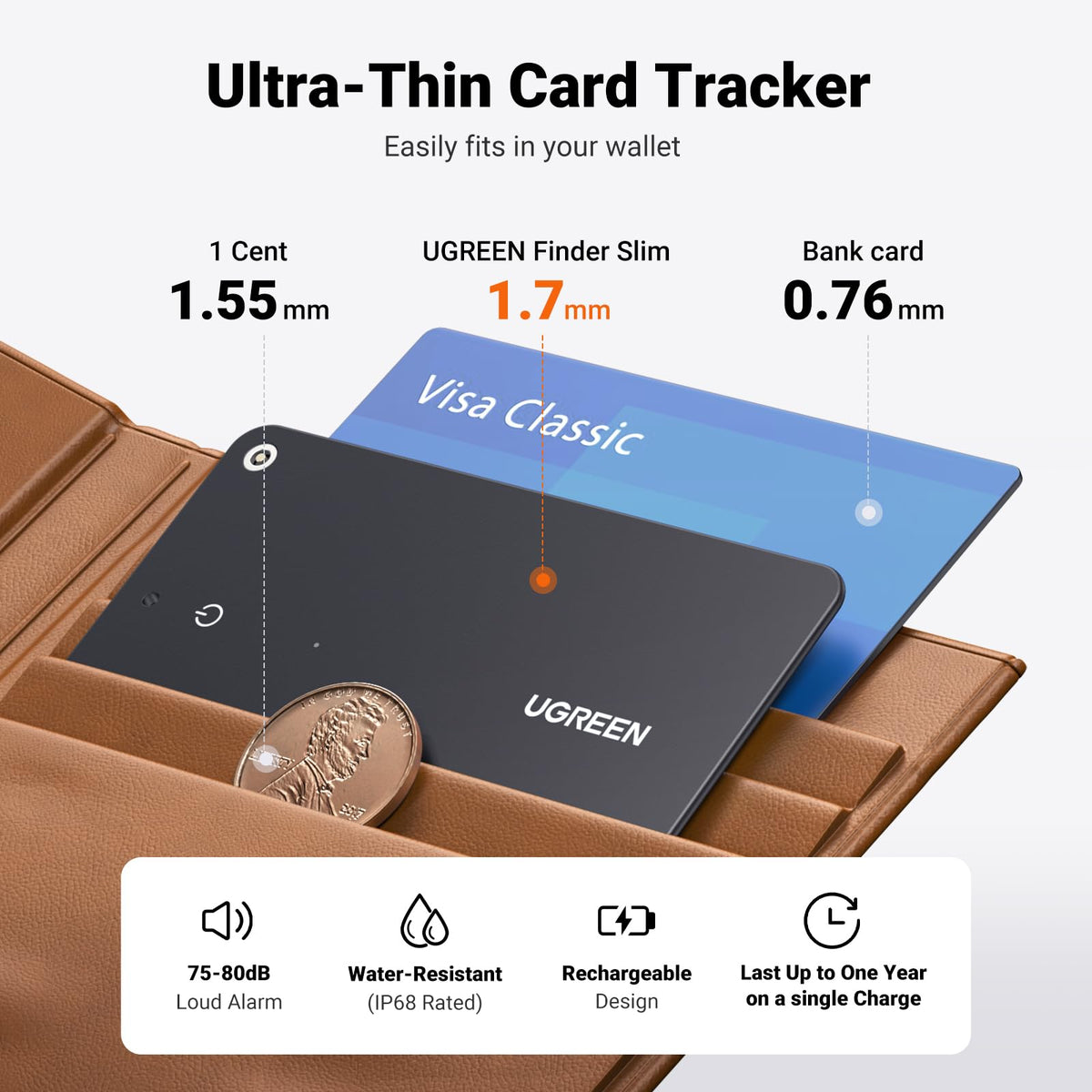 UGREEN FineTrack Slim Wallet Tracker Card (iOS Only) | Bluetooth Tracker Card, Work with Apple Find My Rechargeable Tracker[Apple MFi Certified]
