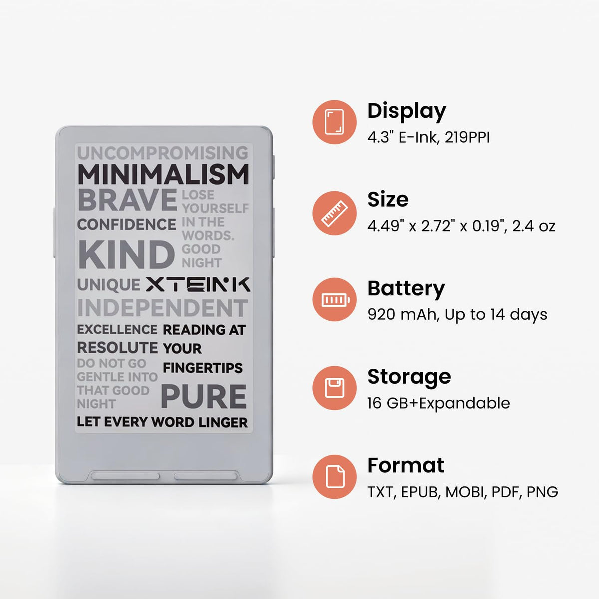 XTEINK X4 Classic Pocket eReader, Ultra-Light 68g & 4.9mm Thin,Reader Gifts | Ultra Thin 0.19" design, 4.3" E ink Paper-feel ,Dual Page Turn Button & Shake, Magnetic Pogo-pin attach,Extended Battery Life