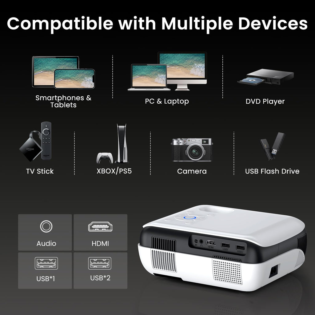 HAPPRUN Native 1080P Bluetooth Projector - Standard | Native 1080P • Mini & Portable • Easy Setup • Built-in Speaker • HDMI for PC, Laptop & PS5
