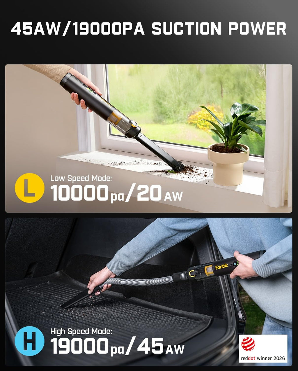Fanttik Slim V10 APEX Cordless Car Vacuum, 4-in-1 Portable Mini Handheld Vac, Upgraded Smart Digital Display, 19kPa Suction Power, 2 Suction Modes for Small Jobs, Car, Office Desk, Keyboards (Black)