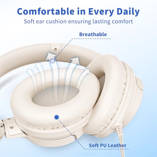 Wired Headphones with Microphone for School, 3.5mm Corded Headphones, Beige | Wired Over Ear Foldable Plug in Headphones, 4.9ft Tangle-Free Nylon Cord for School, Tablet, Laptop, MP3/4, Airplane Travel