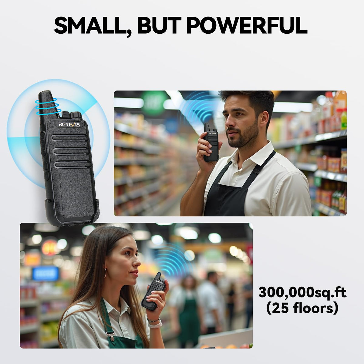 Retevis RT22 Commercial FRS Walkie Talkies Rechargeable Long Range (6 Pack) | Slim & Lightweight 2 Way Radio, For K-12 & Retail, Comfortable for All-Day Wear, Loud & Clear Audio, Charge 6 Radios At Once