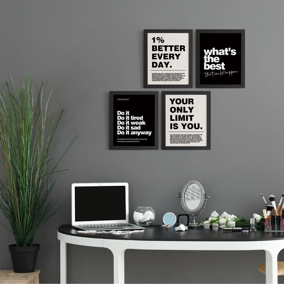 DSHFG Motivational Inspirational Office Wall Art Decor Prints Set of 4 | Black Office Motivational Wall Decor Trendy Retro Positive Affirmations Quotes Wall Decor Gym Posters, 8x10 Unframed