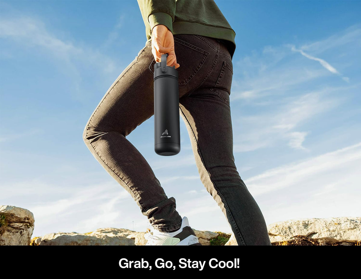 POWCAN 26 oz Insulated Water Bottle with 2-in-1 Straw and Spout Lid, Keep Cold 24H, Leak-Proof, Fits in Car Cup Holder, Stainless Steel Water Bottle for Sports, Travel, and School (Dark Knight)