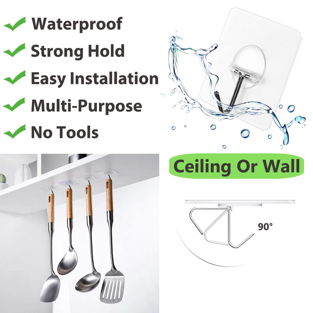 Adhesive Wall Hooks No Drill Clear Heavy Duty, 13LB Sticky 12 Pack | Waterproof Transparent Sticky Hooks for Hanging, 13lbs Max Load No Damage,Ideal for Towel,Coat,Bathroom,Kitchen,Home