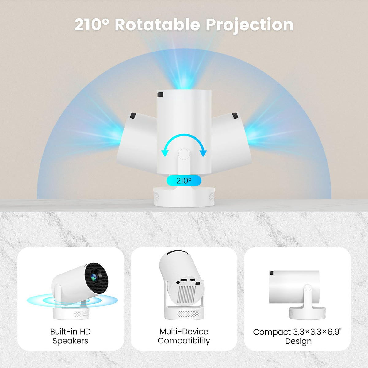 Mini Portable Projector with Bluetooth 5.4 and WiFi 6, 4K Support | HY300 Ultra Projector,220 ANSI,210° Rotation,Auto Keystone Correction,5watt Sound Base Speaker