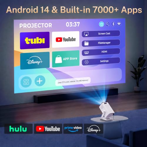 Built-in Apps 1080P 4K Support Mini Projector with Android 14, Phone Remote | Portable Smart Projector with WiFi 6 and Bluetooth 5.4 for Bedroom Auto Keystone Compatible with Netflix/iOS/HDMI/TV Stick X1