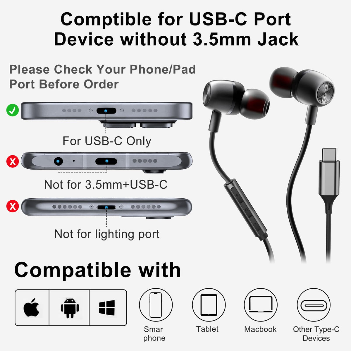 USB C Headphones Wired Earbuds for Samsung iPhone 18/17/16/15 Pro Max