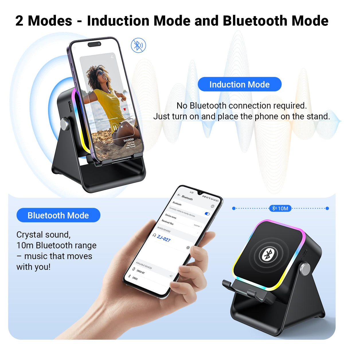 Induction Speaker with Phone Stand 5 in 1 Wireless Bluetooth Audio Black | Phone Speaker Amplifier for iPhone & Android with RGB Light and USB Wired Charging, Birthday Gift for Men Women Teens