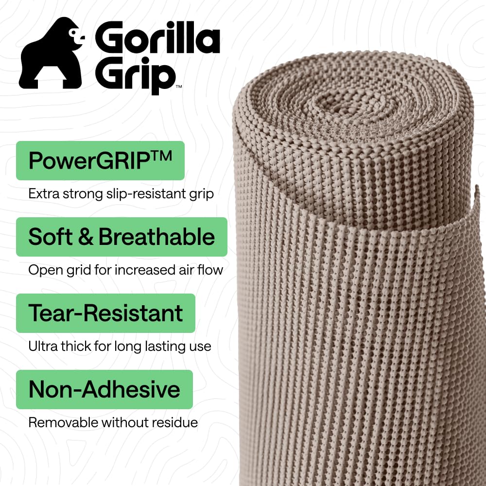 GORILLA GRIP powerGRIP Drawer Shelf and Cabinet Liner, 12"x10', Beige | Thick Strong Hold, Non-Adhesive, Protect Kitchen Cabinets and Cupboard, Bathroom Drawers, Easy Install Mat