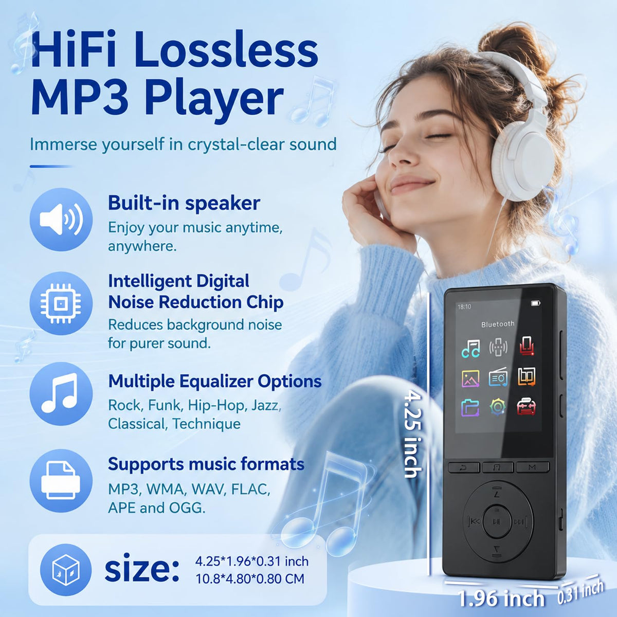 64GB MP3 Player with Bluetooth 5.3, Music Player with HiFi Sound for Sports Runners, 2.4" Screen MP3 Player Built in HD Speaker Voice Recorder FM Radio E-Book, Expanded Up to 128GB, Earphone Included