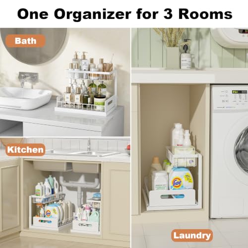 REALINN Under Sink Organizer, L-Shaped 2 Tier Pull Out Cabinet Organizer | Slide Out Under Cabinet Storage, For Kitchen and Bathroom, Metal Under Sink Storage with Sliding Drawer, 50 lbs, White 2 Pack