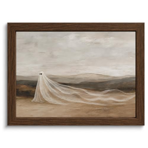 YPDQJW Vintage Ghost Wall Art, Framed Halloween Landscape Print,10x8 in | Cute ghost picture over hills in neutral earth tones, Moody rustic wall decor for living room, bedroom, hallway or entryway.