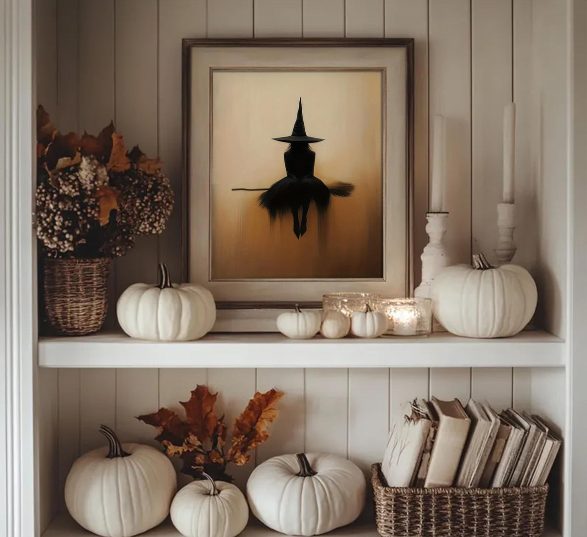 Cgglye Vintage Halloween Canvas Wall Art Witch on A Broom Wall Decor Gothic | Dark Academia Posters, Spooky Witchcraft Magic Painting Print Artwork for Living Room Bedroom Decor, Unframed