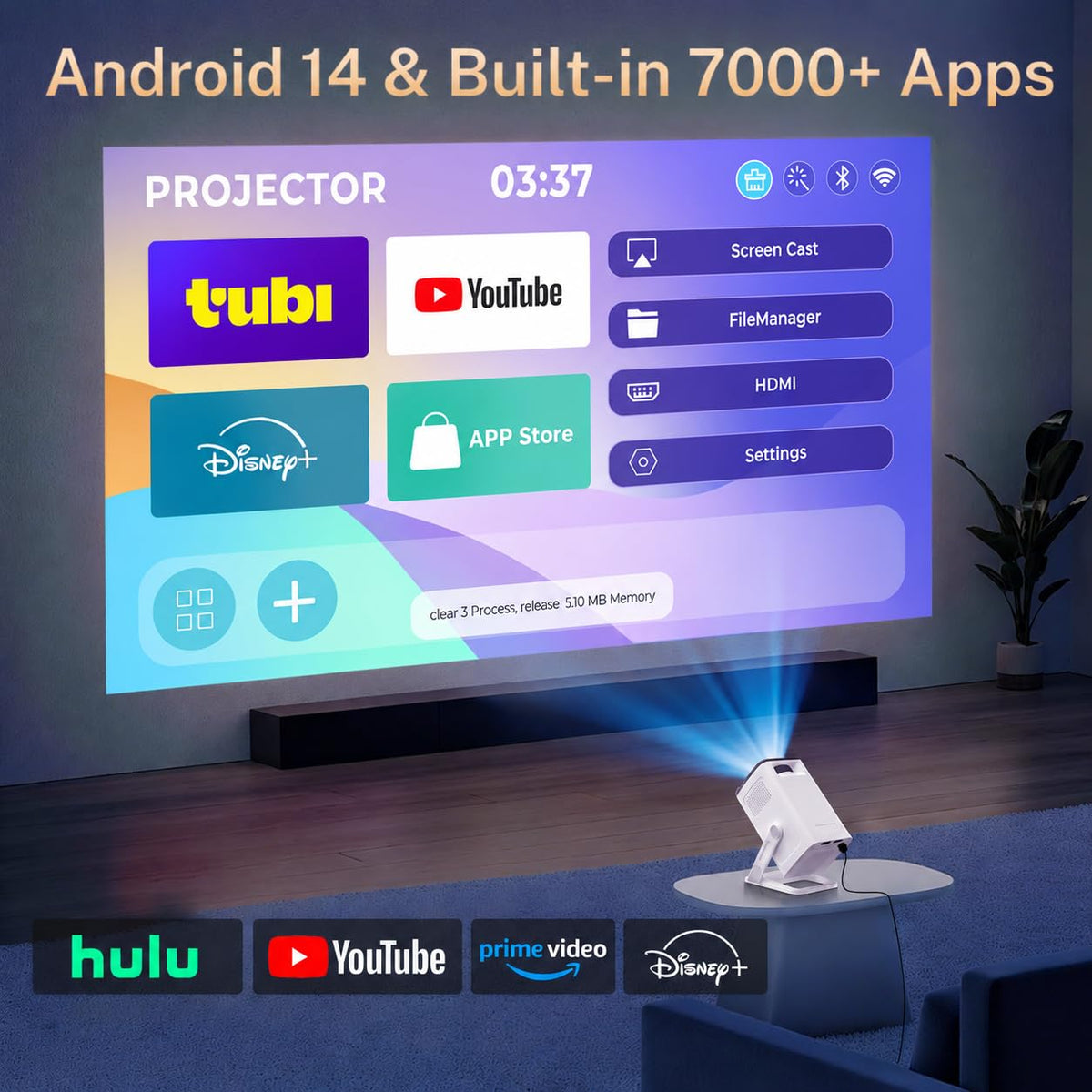 Built-in Apps 1080P 4K Support Mini Projector with Android 14, Phone Remote | Portable Smart Projector with WiFi 6 and Bluetooth 5.4 for Bedroom Auto Keystone Compatible with Netflix/iOS/HDMI/TV Stick X1