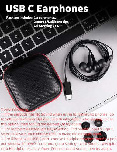 USB C Headphone for Samsung S26 S25 FE S24 A16 A17 Z Wired Earbuds Magnetic | in-Ear Type C Earphone with Microphone Volume Control Bass Stereo Noise Canceling for iPhone 18 Pro Max 17 16 16e 15 Pixel 11
