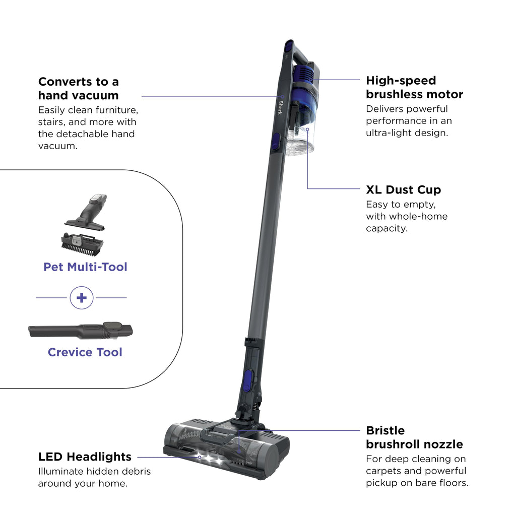 Shark Pet Cordless Stick Vacuum, 40-Min Runtime, Lightweight, Grey, IX141 | Powerful Suction, XL Dust Cup, LED Headlights, Removeable Handheld Vacuum for Carpet & Hard Floors, Crevice & Pet Tool​