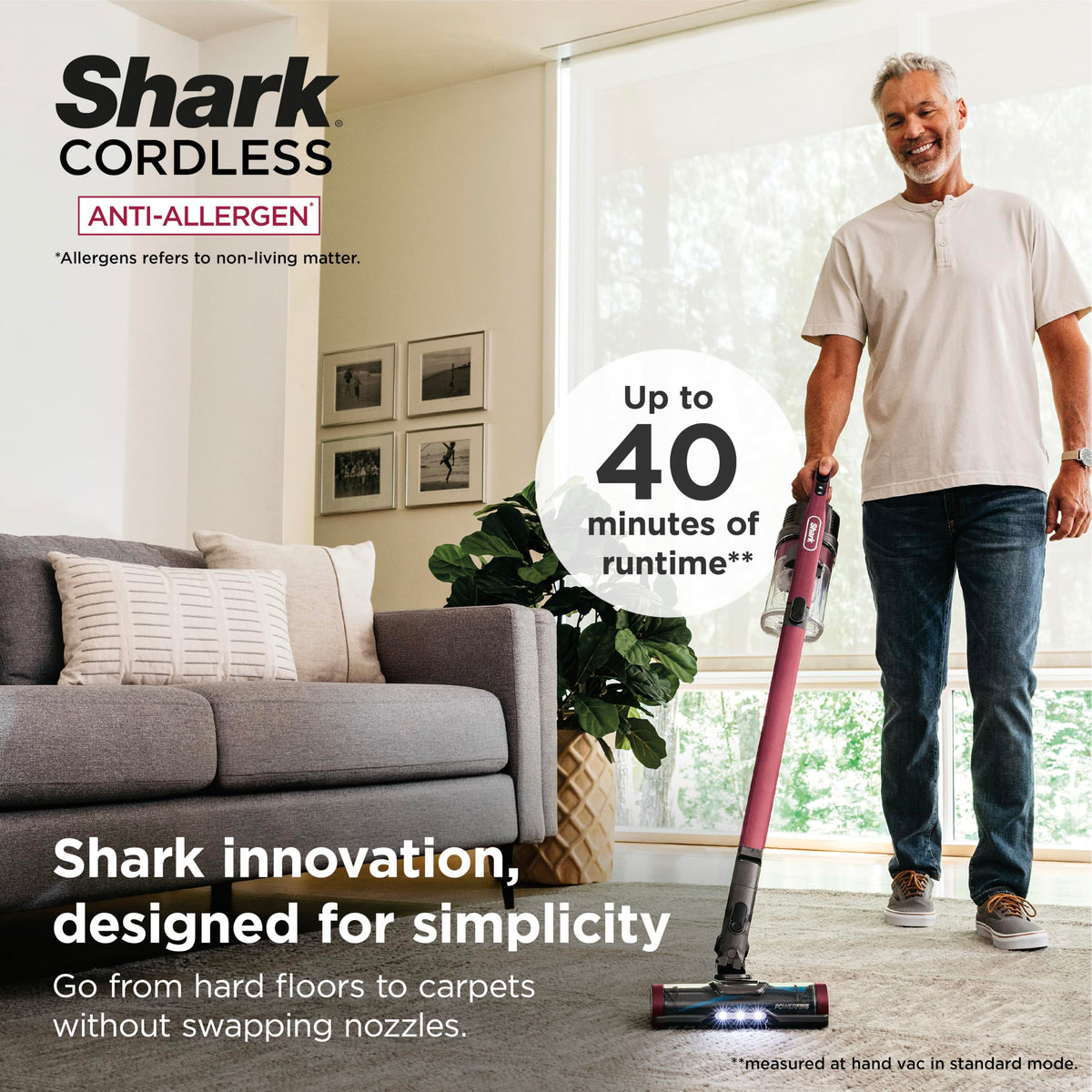 Shark Cordless Vacuum Cleaner, Red, IZ362H | HEPA Filter, Lightweight, Pet Hair Pickup, Removable Handheld, Crevice, Upholstery & Dusting Brush Included, 40-Min Runtime
