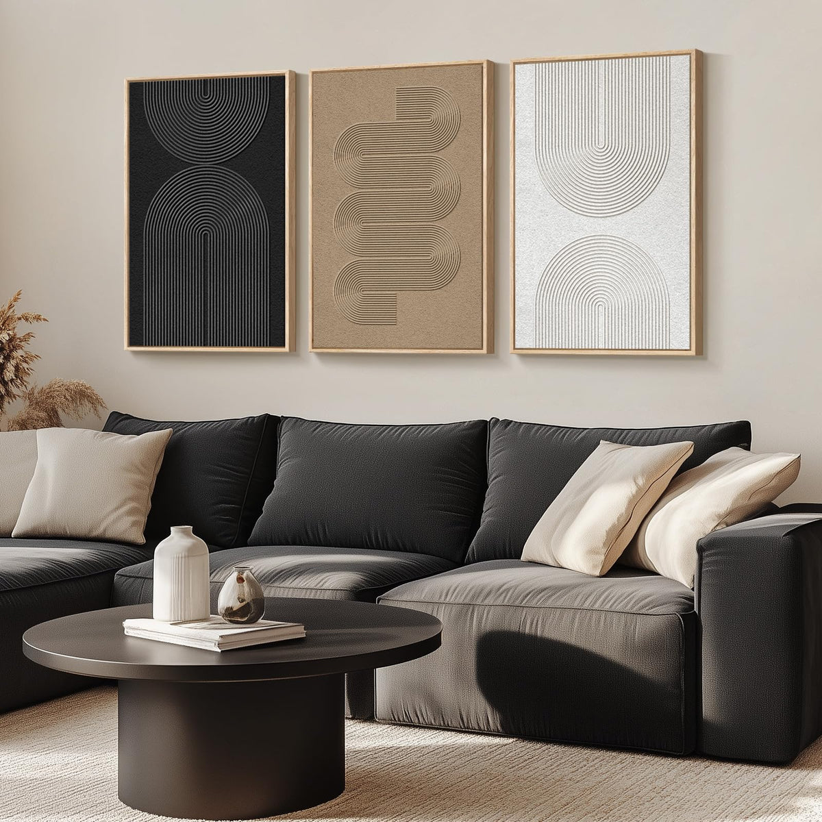 Large Framed Boho Black White Abstract Wall Art for Living Room, 24x36 In | Set of 3 Neutral Canvas Prints, Modern Minimalist Artwork, Geometric Pictures, Office Bedroom Hallway Paintings Wall Decor