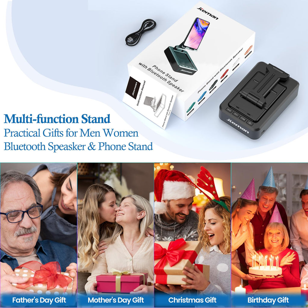 JTEMAN Cell Phone Stand with Bluetooth Speaker,Birthday Gifts for Men Women | Big Sound & Clear Audio,Cool Tech Gadget Wireless Speaker, Unique Ideal Gifts, Foldable Adjustable Phone Stand for Desk