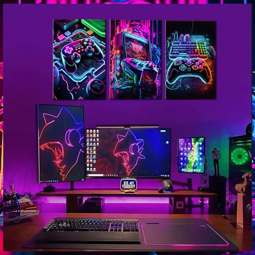 BGFCE Game Room Decor Posters Set of 3 - Neon Gaming Accessories Theme Canvas Wall Art, Gamer Console Paintings Picture Wall Decor for Children Youth Boys Bedroom 12x16 inch Unframed