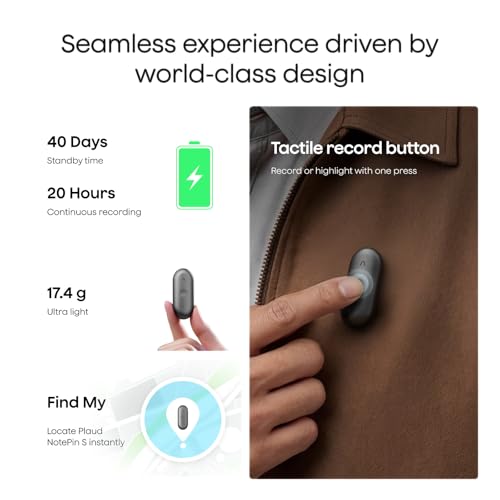 Plaud NotePin S Wearable AI Voice Recorder, Transcribe & Summarize, Black | AI Note Taker for Meetings Interviews, Professionals, Teams, 112 Languages, App Control, Find My, 4 Accessories
