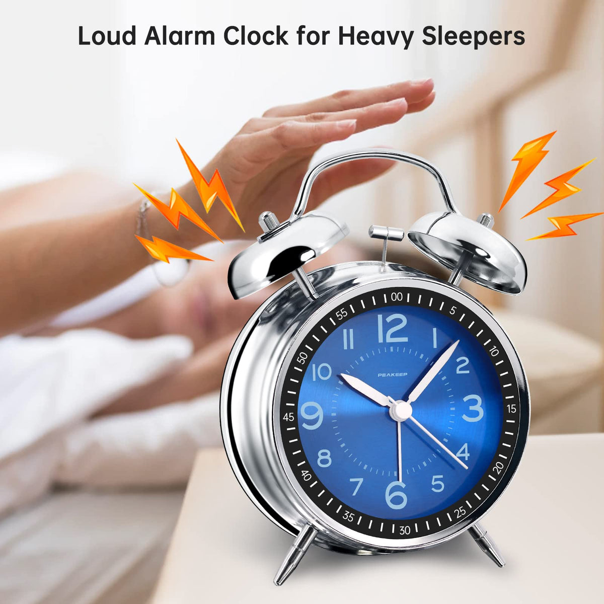 Peakeep Loud Alarm Clock for Heavy Sleepers Adults, Metal 4 Inches | Twin Bell Battery Operated Analog Alarm Clocks for Bedrooms Kids' Room Decoration (Jewel Blue)