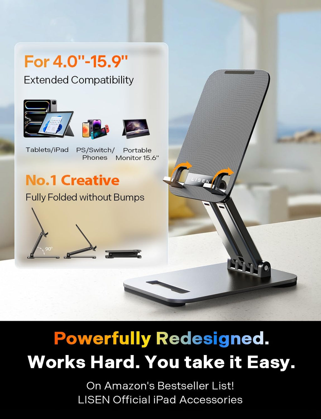 LISEN iPad Stand Tablet Holder for Desk, Kindle Accessories Stand for Apple | iPhone Duo iPad Accessories, Fold Portable Monitor Stand, Phone Stand Desk Accessories Offices Essentials, Gifts for Wo Men