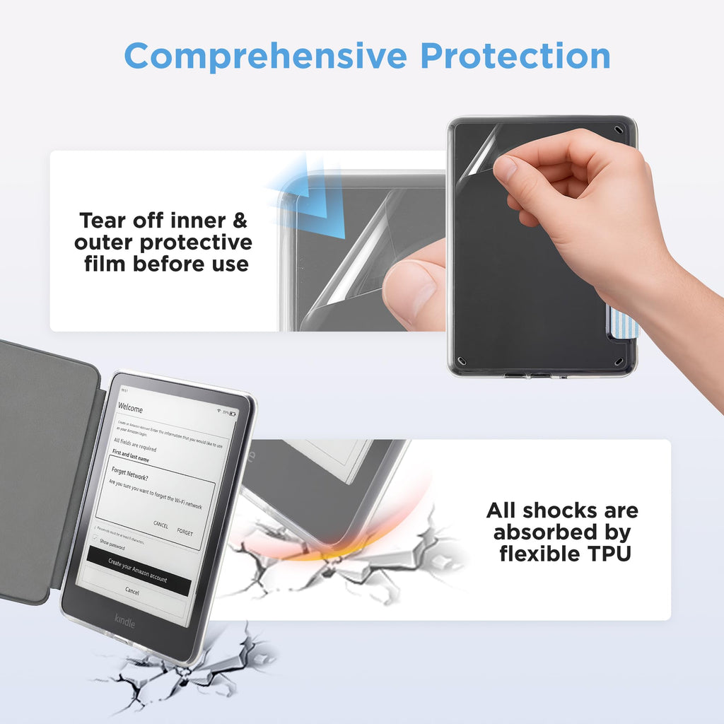 Vane Oak Clear Case for 7'' Kindle Paperwhite 12th Gen 2024 & Colorsoft | Auto Wake/Sleep, Clear PC Case, Soft TPU Edge, Lightweight, For Bookish Travelers, Elegant Print, Blue & White Stripes