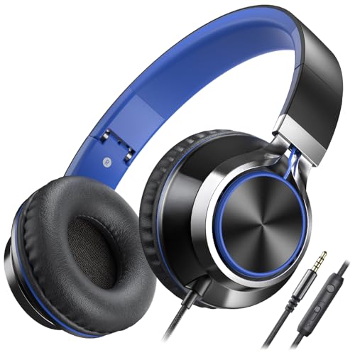 AILIHEN C8 Kids Wired Headphones with Mic for School, 3.5mm Jack, BlackBlue | On Ear Headsets and Volume Control Foldable, Corded Computer Chromebook for Children Teens Classroom Online Learning Travel