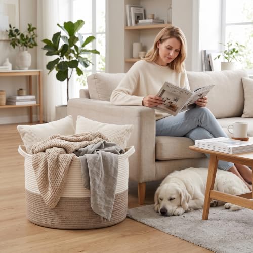 HZFTJOY Large Woven Blanket Basket,65L Cotton Rope Laundry Basket | Collapsible Nursery Storage Bin with Sturdy Handles for Clothes, Toys, Pillows, Living Room Bedroom Bathroom - White & Brown