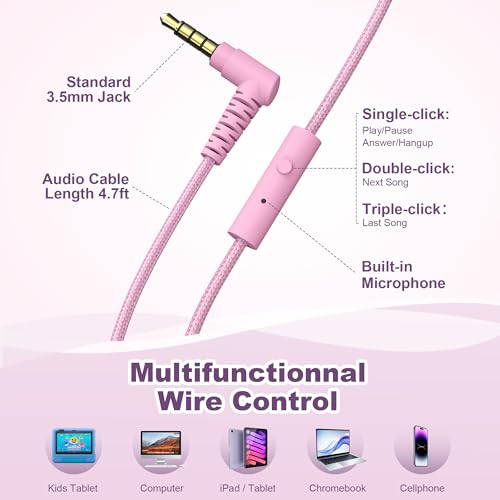 Kids Headphones for School with Microphone, 93dB Volume Limited, PinkPurple | Wired On Ear Headphones for Girls Boys, Foldable Lightweight Headphone for Classroom Learning & Entertainment Travel Computer