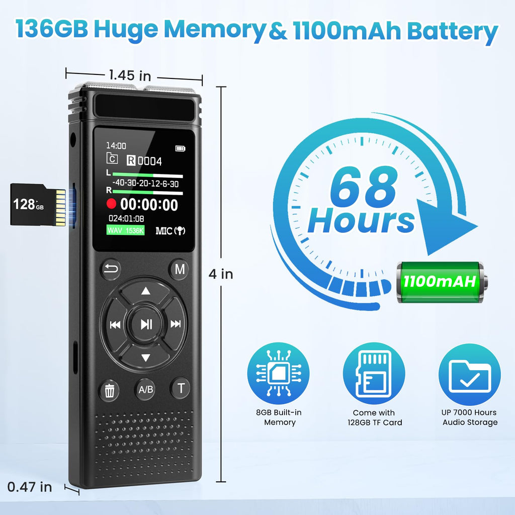 Tonfarb 136GB Digital Voice Recorder with Playback,9775 Hours Audio Record | Voice Activated Recording Device with Noise Reduction,A-B Repeat,MP3 Player,Password for Lecture Meeting/Classes/Interviews